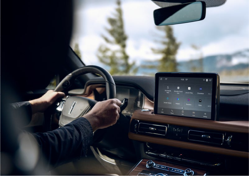The center touch screen in a 2023 Lincoln Aviator® SUV is shown | Karl Malone Lincoln in El Dorado AR